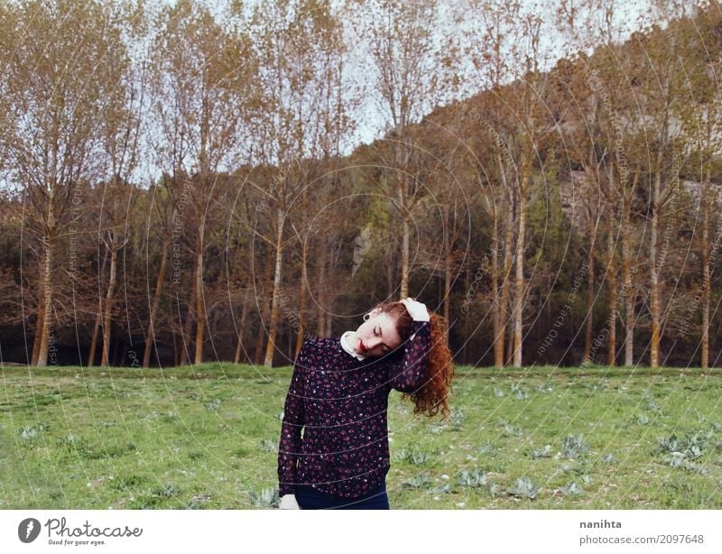 Young redhead woman in a forest Human being Feminine Young woman Youth (Young adults) 1 18 - 30 years Adults Environment Nature Landscape Spring Autumn Tree