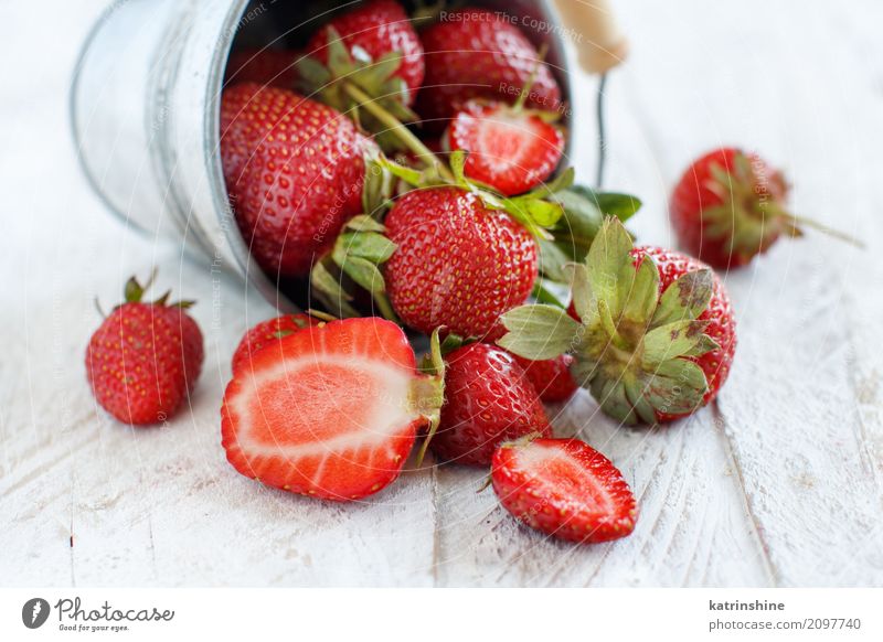 Strawberries in a bucket on a white wooden table Fruit Dessert Diet Summer Table Group Wood Fresh Bright Delicious Natural Juicy Red White Colour Berries