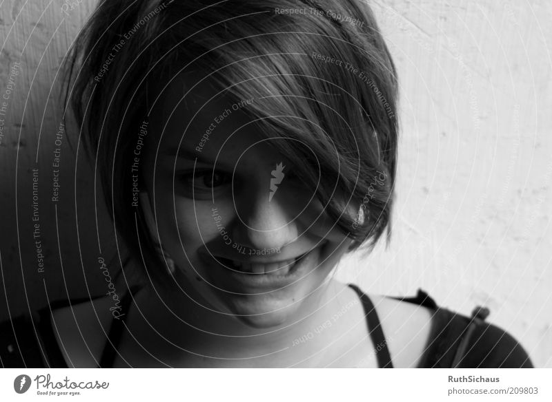The normal madness Feminine Young woman Youth (Young adults) Head Face 1 Human being Think Laughter Astute Crazy Resolve Black & white photo Close-up