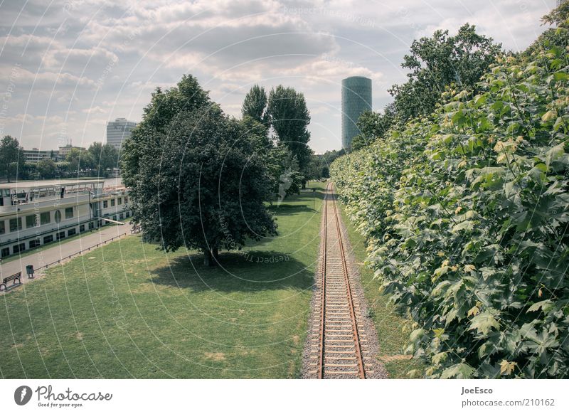 [PC user meeting FFM] #1 Downtown High-rise Park Far-off places Town Discover Innovative Railroad tracks Watercraft Tree Lawn Frankfurt Hesse Summer Clouds
