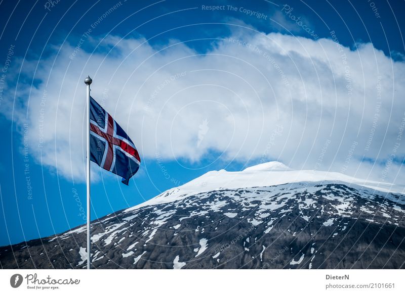fly the flag Nature Landscape Clouds Summer Weather Beautiful weather Wind Rock Mountain Snowcapped peak Volcano Blue Gray Red White Iceland Flag Flagpole