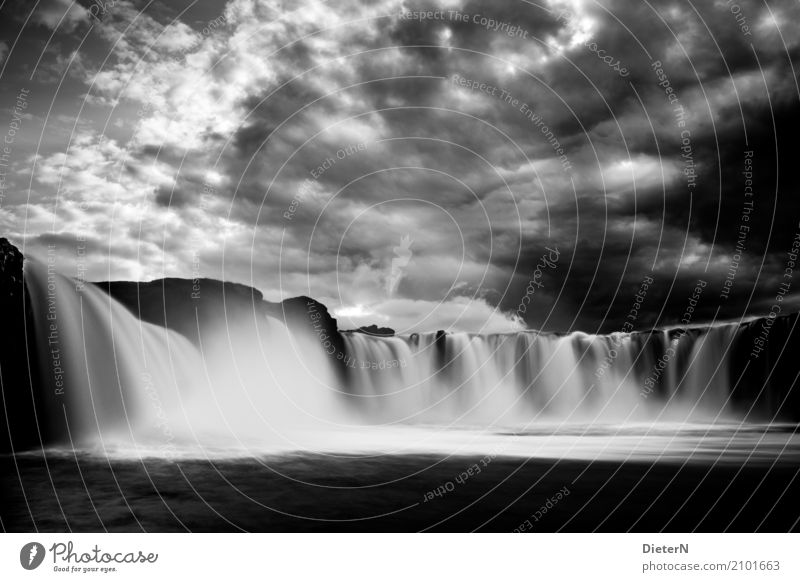 in flux Environment Landscape Sky Clouds Storm clouds Climate Weather Bad weather Thunder and lightning River Waterfall Godafoss Gray Black White Iceland