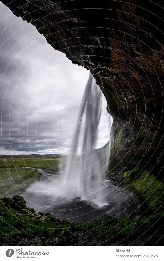 Seljaland's Fossus Environment Nature Landscape Water Drops of water Sky Clouds Summer Bad weather Grass Meadow Rock River Waterfall Green Black White Iceland
