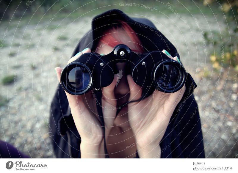 world view Nail polish Human being Feminine Woman Adults 1 Nature Beautiful weather Jacket Red-haired Binoculars Discover Looking Exceptional Curiosity Colour