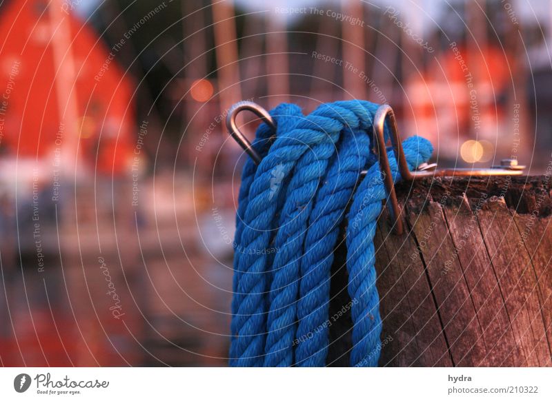 moored Summer Beautiful weather Coast Navigation Harbour Yacht harbour Rope Wood Esthetic Blue Red Moody Safety Calm Idyll Maritime Bollard Detail Mooring post