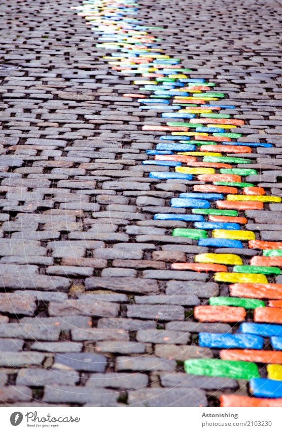 coloured stones in one line Art Painter Environment Nature Passau Town Places Transport Street Stone Beautiful Blue Multicoloured Yellow Gray Green Orange