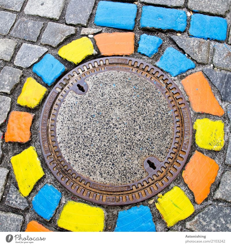 coloured stones in a circle Art Painter Passau Town Places Street Stone Blue Multicoloured Yellow Gray Gully Round Circle Paving stone Decoration Metal Detail
