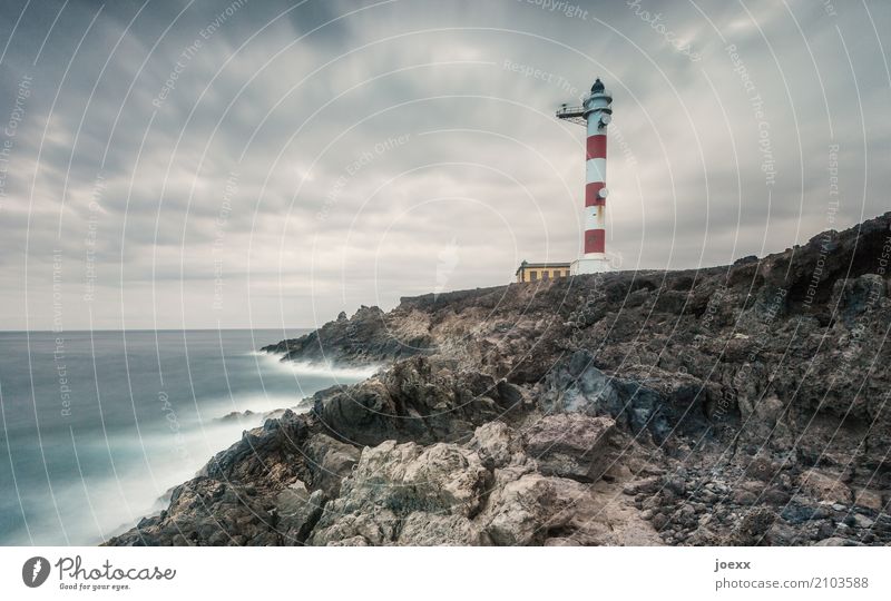 Keep breathing Water Clouds Horizon Rock Waves Coast France Lighthouse Large Infinity Maritime Blue Brown Red White Safety Protection Colour photo