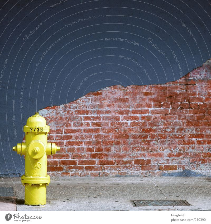 water guard Fire hydrant Wall (building) Wall (barrier) Brick Street USA Americas Yellow Facade Plaster Brick wall Sidewalk Deserted Copy Space top