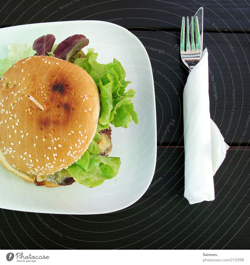 Good luck [PC User Meeting FFM] Meat Bread Roll Nutrition Lunch Fast food Crockery Plate Knives Fork Delicious Hamburger Table Meal Lettuce Colour photo