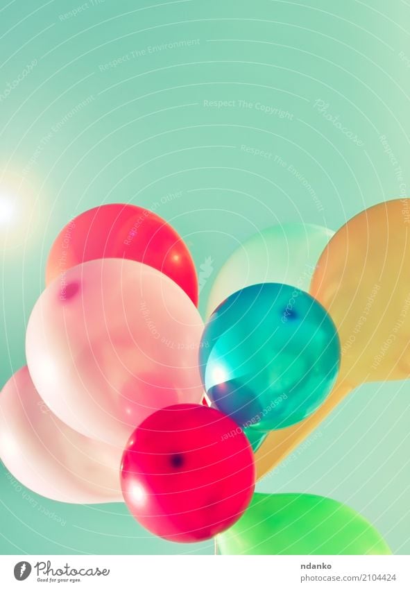 Multicolored balloons in the sun Joy Happy Summer Decoration Entertainment Feasts & Celebrations Birthday Sky Balloon Bright Blue Green Red White Surprise