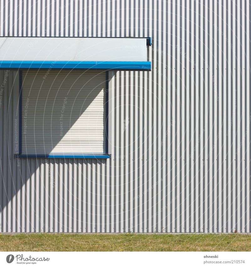 Closed today House (Residential Structure) Factory Facade Window Venetian blinds Blue Line Colour photo Pattern Structures and shapes Copy Space right