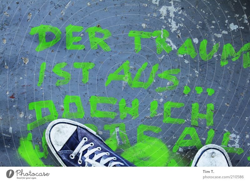 ...but I will give my all Feet 1 Human being Footwear Sneakers Characters Graffiti Stand Blue Green Colour photo Exterior shot Bird's-eye view Chucks Word