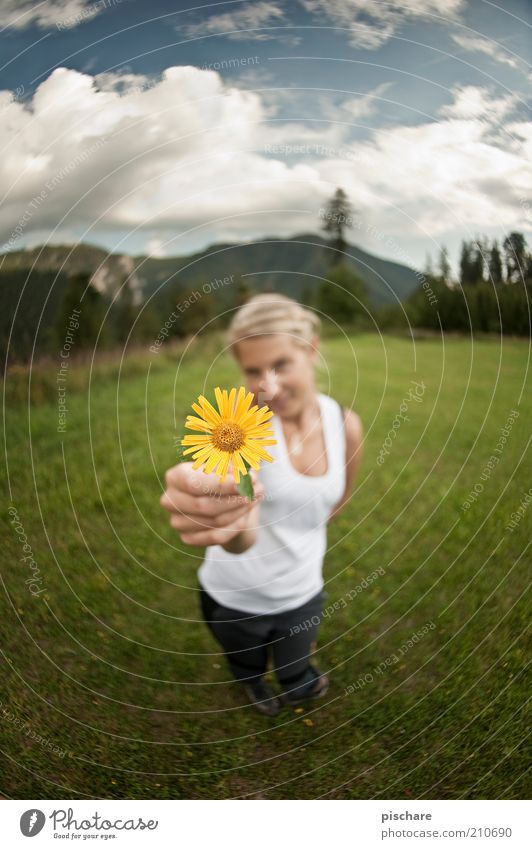 I have a flower and I will use it too! Beautiful Summer Mountain Feminine Young woman Youth (Young adults) 18 - 30 years Adults Nature Clouds Beautiful weather