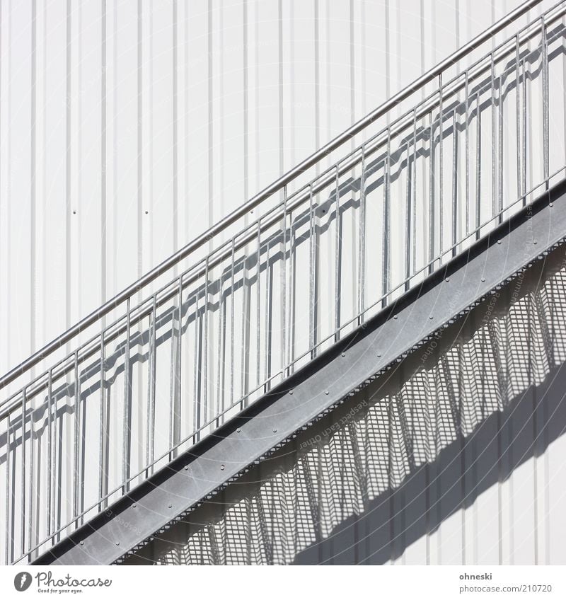 upward Factory Manmade structures Building Stairs Facade Banister White Subdued colour Copy Space top Day Shadow Sunlight External Staircase Handrail Metal Gray