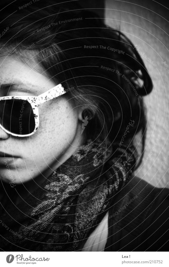 disguised Feminine Face 1 Human being Brunette Sunglasses Scarf Think Looking Reliability Calm Black & white photo Interior shot Day Downward Long-haired Retro