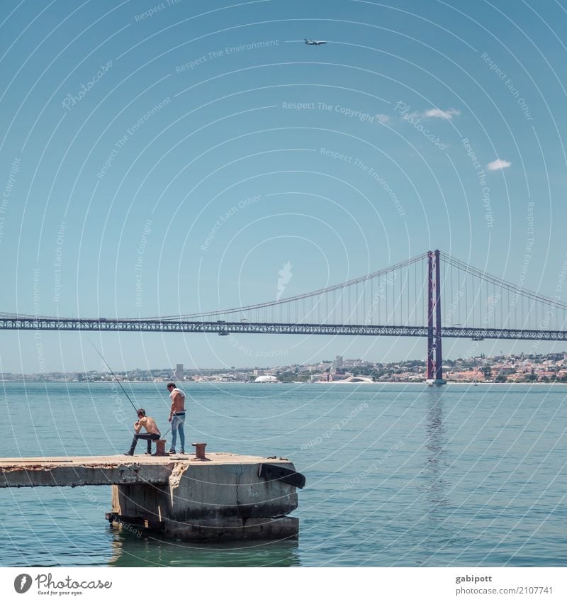 Angler at the Tejo Landscape Elements Water Sky Clouds Summer Beautiful weather River bank Lisbon Tejo Bridge Outskirts Harbour Life Fishing (Angle) Footbridge