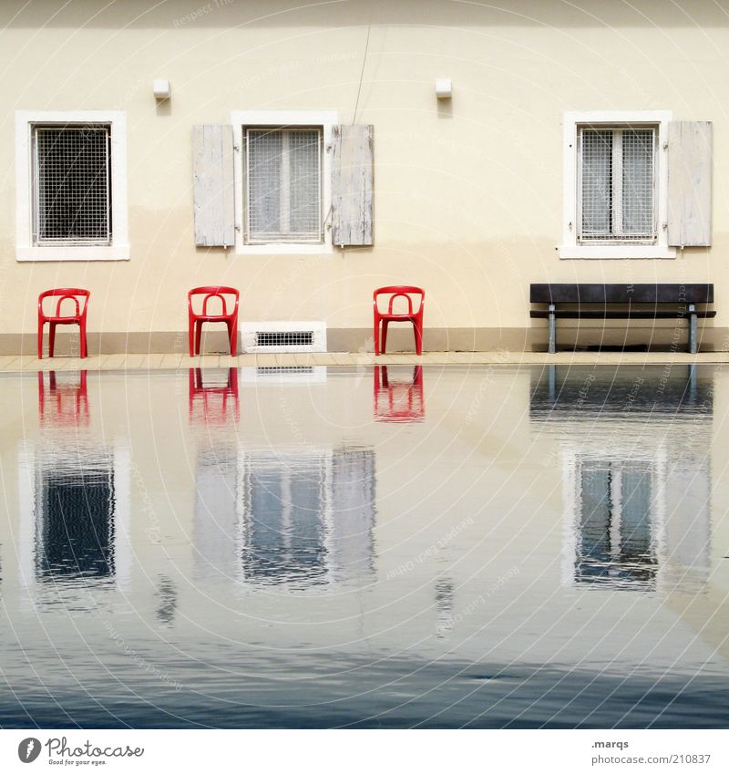 Country under Water House (Residential Structure) Facade Window Exceptional Wet Apocalyptic sentiment Symmetry Chair Bench Deluge Climate change Colour photo