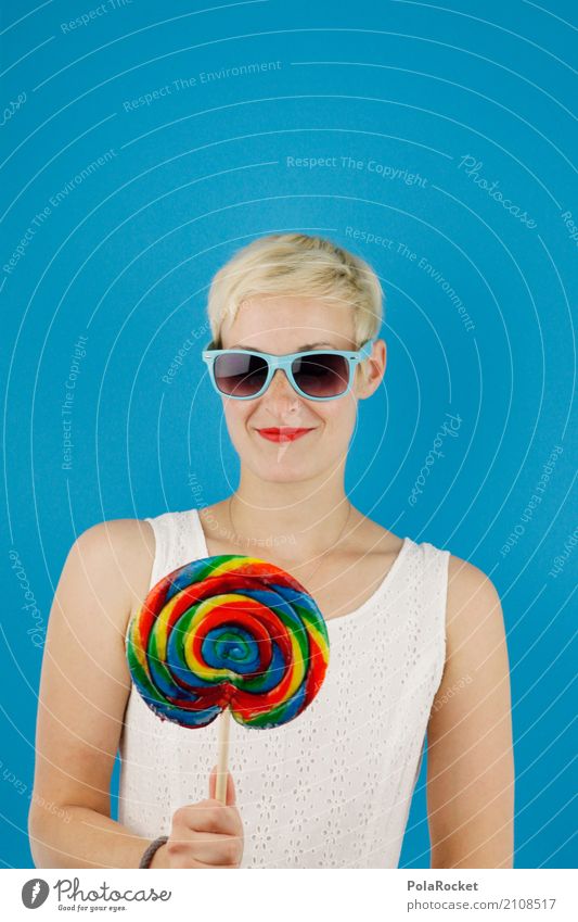 #A# Happy Art Esthetic Woman Lollipop Sweet Beautiful Candy Sweetener Candy stand Delicious Unhealthy Cool (slang) reward Sunglasses Blue Colour photo