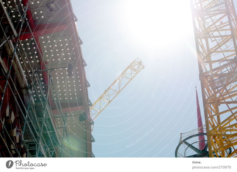 siesta non grata Sun Work and employment Construction site Industry Technology Warmth Tower Architecture Build Hot Bright Tall Crane Construction crane Midday