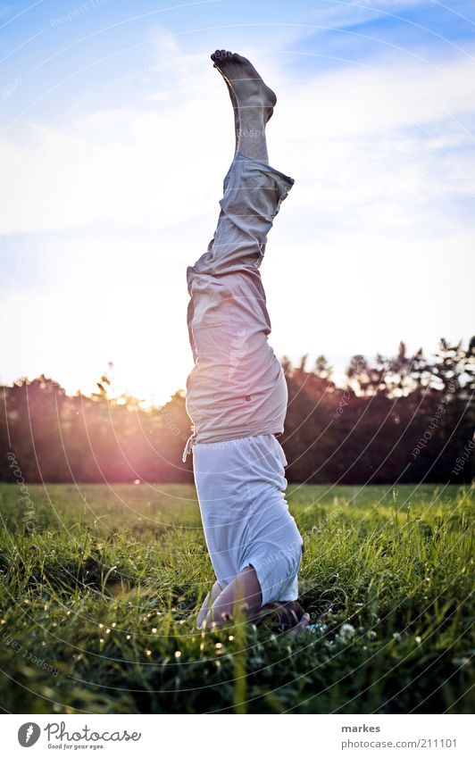 time to stand up! Yoga Human being Man Adults 1 Firm Fresh Multicoloured Emotions Serene Testing & Control Concentrate Power headstand asana Blue sky Green