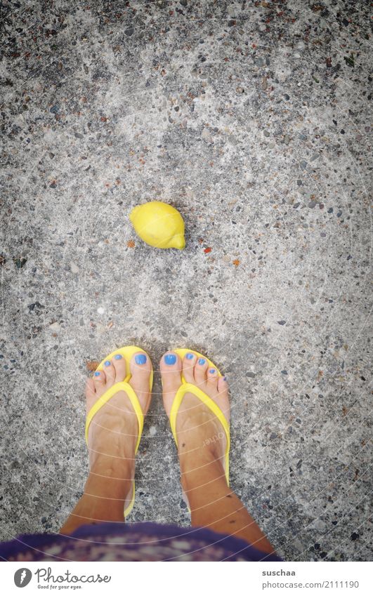 lemon Lemon Fruit Nutrition Healthy Eating Yellow Sour Feet Flip-flops Toes Legs Stand Asphalt Fall down