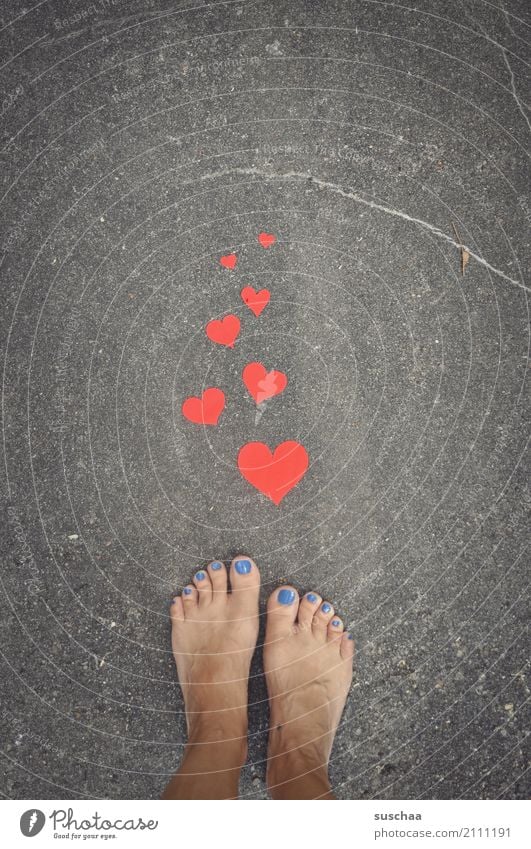 greetings ... uh feet Feet Barefoot Summer Exterior shot Street Asphalt Stand Toes Heart red heart Love Symbols and metaphors