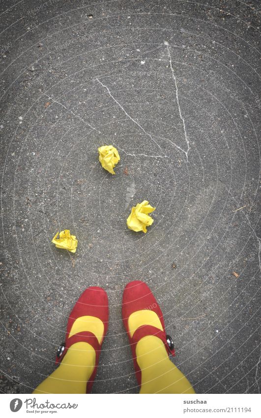 yellow garbage Paper crumpled paper Throw away Document Love letter Trash 3 Yellow Red High heels Legs Feet feminine Street Asphalt