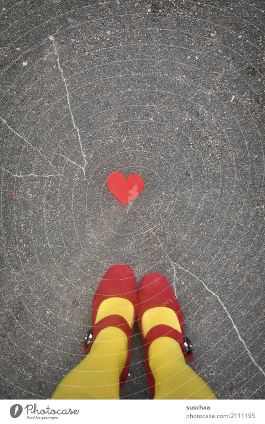 cordial foot (greetings) Legs Feet Footwear Stockings Multicoloured Yellow Red buckle shoes Exterior shot Street Asphalt Stand Heart Love Symbols and metaphors