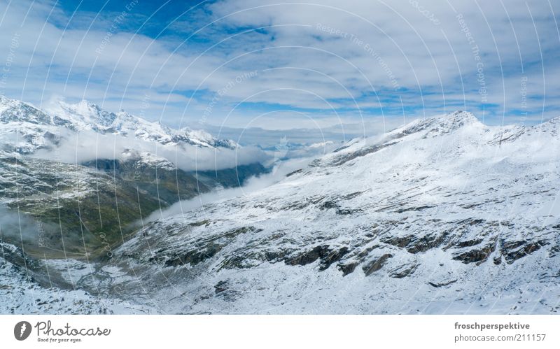 much white Snow Mountain Landscape Air Sky Clouds Rock Alps Snowcapped peak Blue White Colour photo Exterior shot Deserted Copy Space top Copy Space bottom Day