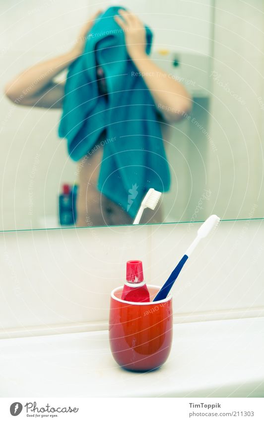 Same procedure as every morning II 1 Human being Clean Morning Bathroom Towel Toothbrush Toothpaste Toothbrush mug Mirror Bathroom fittings Man Dry