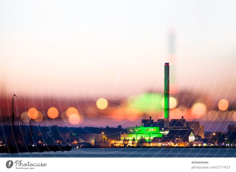 Clouded gloss Energy industry Coal power station Water Cloudless sky Baltic Sea Schleswig-Holstein Port City Skyline Industrial plant Harbour Chimney Town