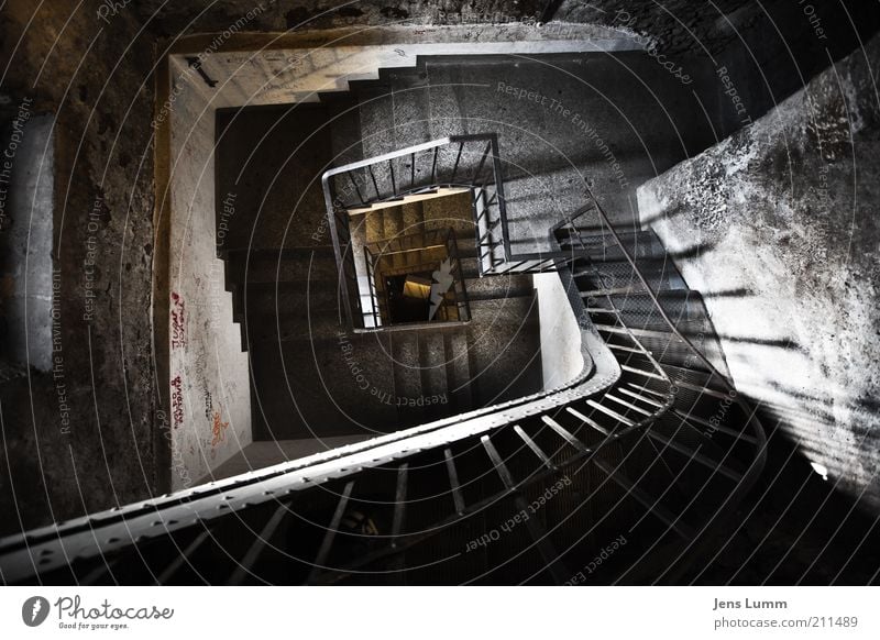 Stairway Stairs Old Dark Fear Perspective Handrail Spiral Deep Vignetting Winding staircase Tower Shadow Wide angle vertigo Colour photo Interior shot Deserted