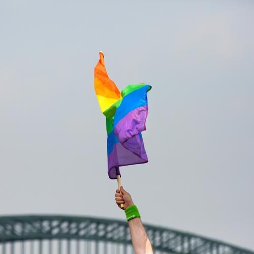 Man waving a rainbow flag at the CSD in Cologne Rainbow flag queer LGBTQ Christopher Street Day Masculine Prismatic colors 1 Human being Hand Love Flag Sex
