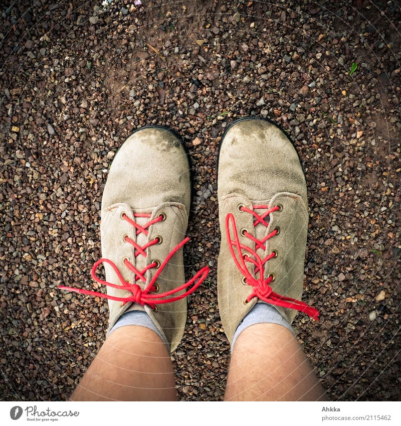 Two old brown shoes with red laces from above Freedom Infancy Youth (Young adults) Legs 1 Human being Earth Footwear Shoelace Old Authentic Under Red