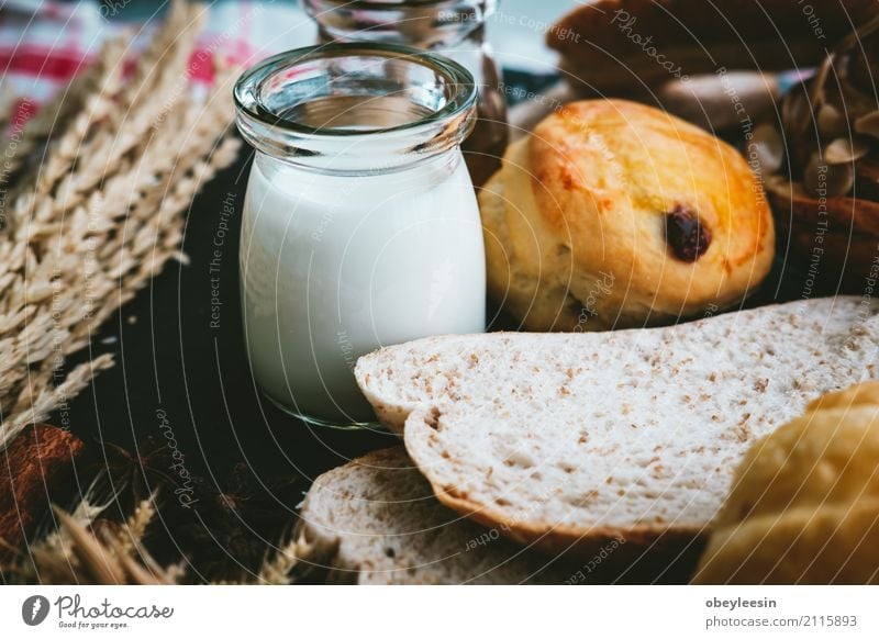 fresh bread and baked goods on wooden Dough Baked goods Bread Roll Croissant Breakfast Lunch Dinner Diet Coffee Table Kitchen Wood Fresh Natural Brown White