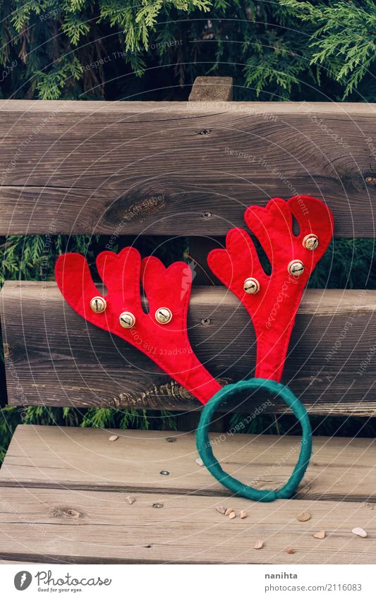 Christmas hairband with red reindeer horns Feasts & Celebrations Christmas & Advent New Year's Eve Leaf Park Bench Cloth Hairband Bell Wood Happiness Retro