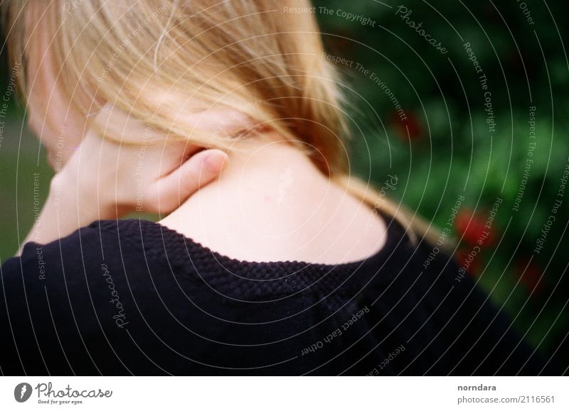 back Woman Adults Back Fingers Neck Summer Plant Blonde Esthetic Beautiful Touch Pain Think Colour photo Exterior shot Close-up Copy Space right