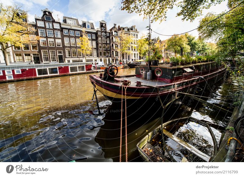 Amsterdam canals VI Wide angle Central perspective Deep depth of field Sunbeam Reflection Contrast Shadow Light Day Copy Space middle Copy Space right