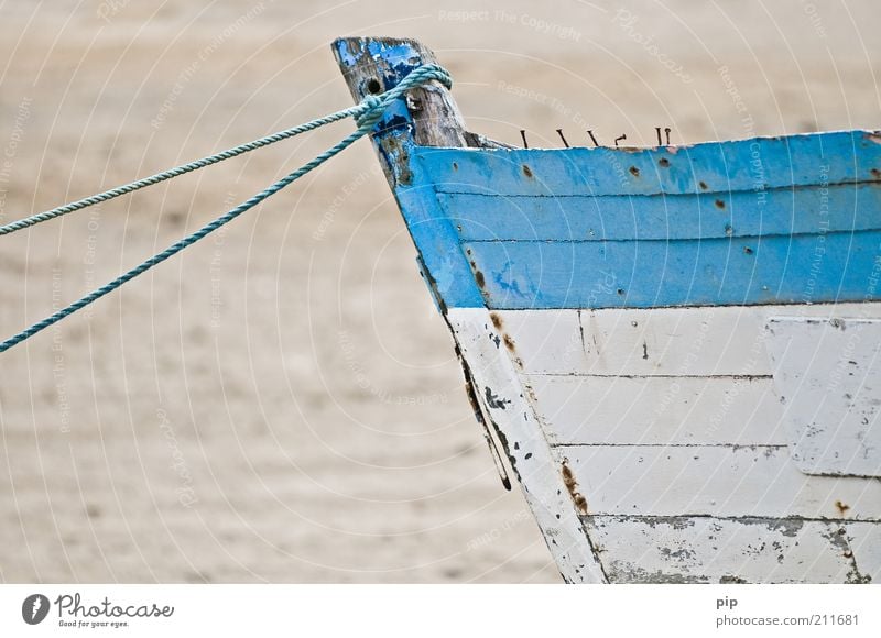 can no longer Navigation Fishing boat Sailboat Watercraft Nail Rope Wood Old Broken Blue White Derelict Wreck Stranded Varnish Ocean Fishery Wooden board