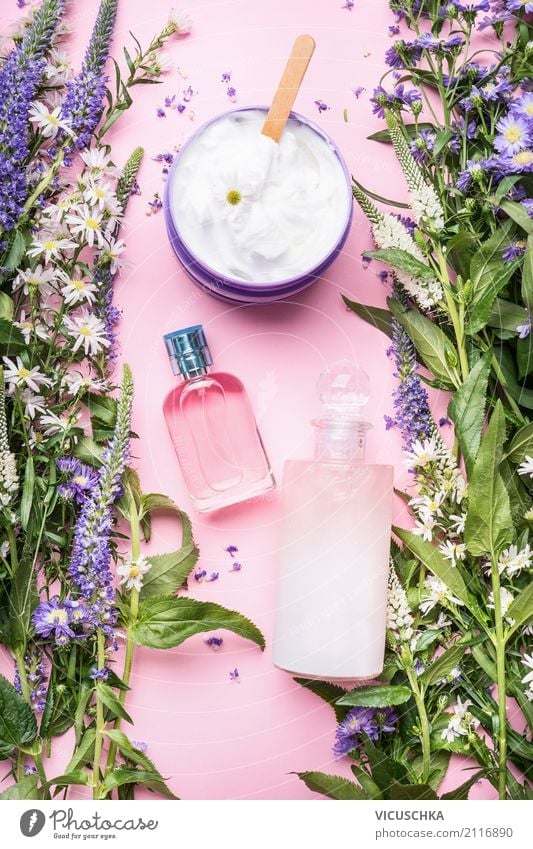 Nature cosmetics bottles with fresh herbs Elegant Style Design Beautiful Personal hygiene Perfume Cream Healthy Spa Massage Plant Pink Fragrance Cosmetics