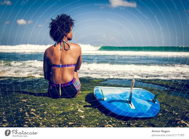 Surfer girl on green coral reef Young woman Youth (Young adults) 1 Human being 18 - 30 years Adults Vacation & Travel Competition Power Break Surfboard Sit Afro