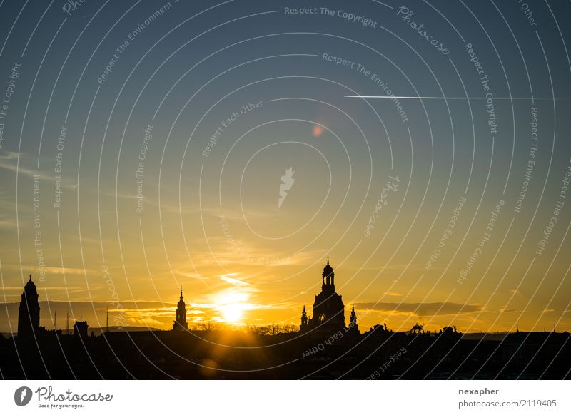 Silhouette Frauenkirche and Dresden Culture Sky Sun Sunrise Sunset Sunlight Beautiful weather Downtown Church Dome Tourist Attraction Landmark Observe Discover