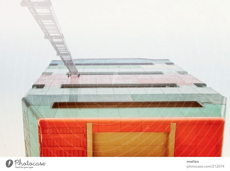 cloud cuckoo home Deserted High-rise Tower Facade Landmark Concrete Metal Steel Sharp-edged Red White Ladder Hover Multicoloured Exterior shot Copy Space top