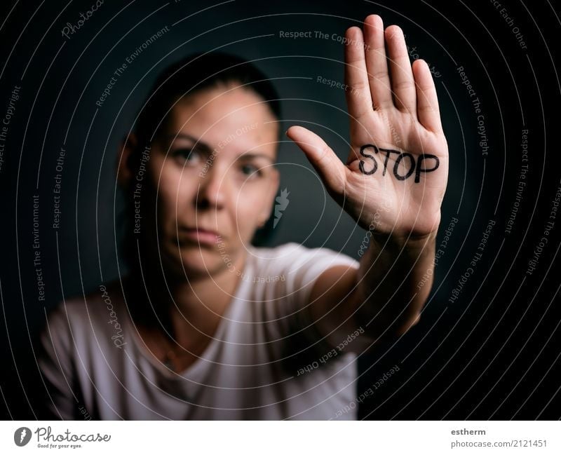 Stop Abusing Woman Human being Feminine Young woman Youth (Young adults) Adults Hand Fingers 30 - 45 years Sign Signage Warning sign Graffiti Fitness Sadness