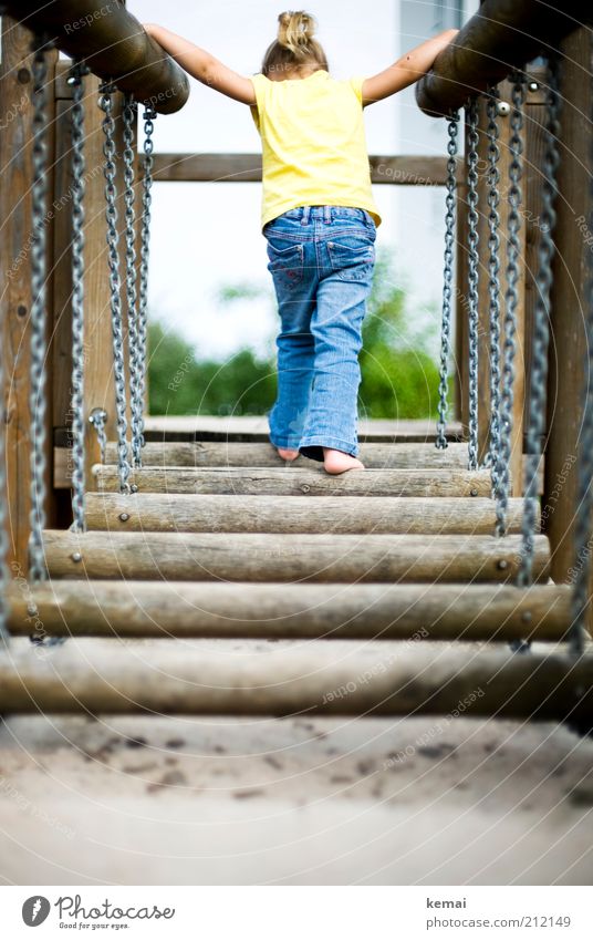 Suspension bridge adventure Playing Playground Bridge Wooden bridge Human being Toddler Girl Infancy Back Arm Legs Feet 1 1 - 3 years Jeans Chain Discover