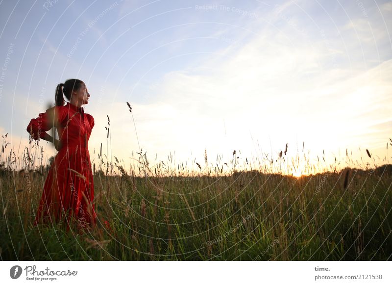lil't Feminine Woman Adults 1 Human being Sky Clouds Horizon Beautiful weather Meadow Field Dress Brunette Long-haired Braids Observe Looking Stand Emotions