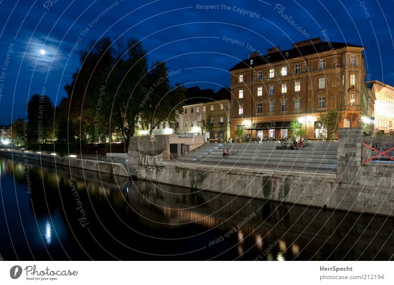 In the evening at the Ljubljanica Night sky Moon Summer Tree River bank Ljubljana Capital city Downtown House (Residential Structure) Blue Summer evening snug