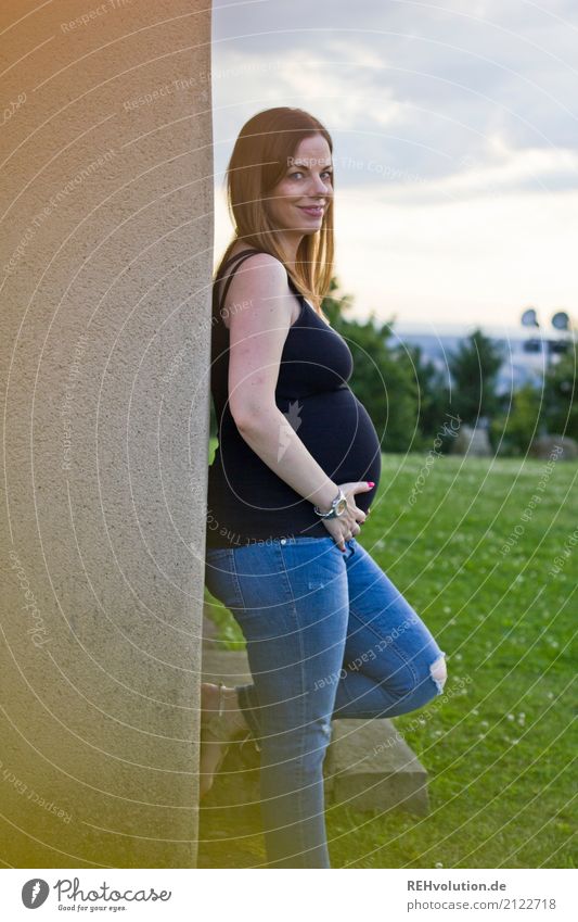pregnancy Human being Feminine Body 1 18 - 30 years Youth (Young adults) Adults Jeans Long-haired Smiling Stand Wait Natural Pregnant Joy Happy Contentment