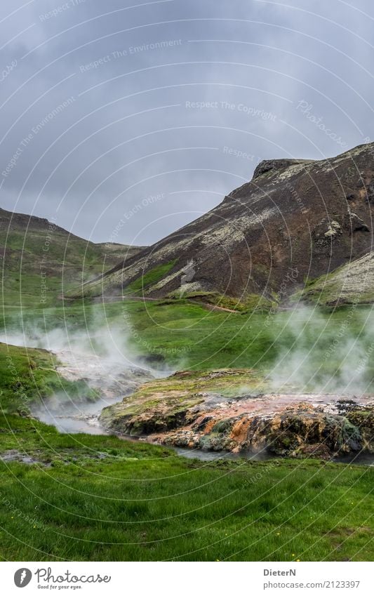 Hot springs Environment Nature Landscape Elements Water Sky Clouds Summer Climate Weather Bad weather Meadow Rock Mountain Brook Blue Brown Green Iceland Steam